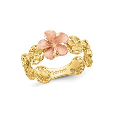 A plush rose pink gold flower is the main centerpiece of this floral inspired ring crafted in shimmering 14 karat yellow gold. This 14K gold ring weighs 2.40 grams. 14K Yellow and Pink Gold Plumeria Flower Ring Size: 7.  Gender: female.  Age Group: adult. Gold Floral Jewelry, Fine Jewelry Flower Shaped Rose Gold Rings, Rose Gold Flower Shaped Fine Rings, Fine Jewelry Rose Gold Flower Ring, Rose Gold Flower Shaped Fine Jewelry Ring, 14k Rose Gold Flower Shaped Ring, 14k Rose Gold Flower Ring, Promise Rings Gold, Emily Garcia