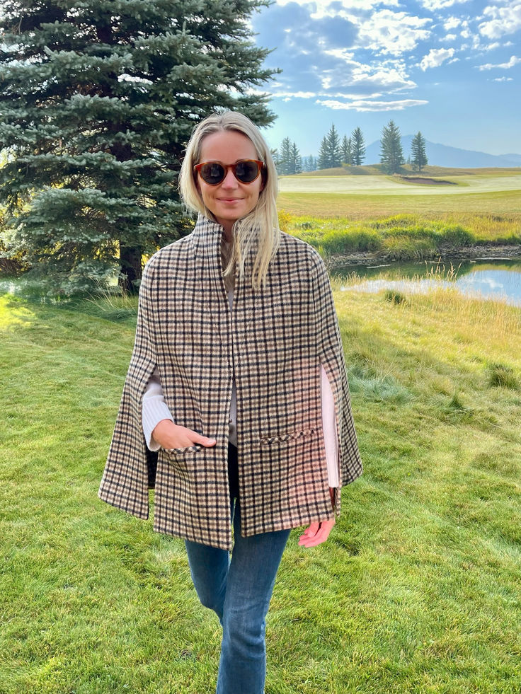 English Plaid goes on a trip! Flat Felled Seam, Beige Interior, Wool Cape, Fall Transition, Reversible Vest, Car Coat, Cape Coat, Jackson Hole, Black Faux Fur