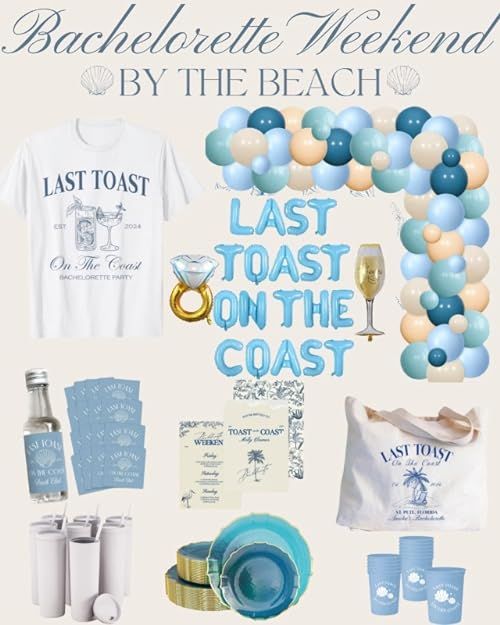 a bunch of blue and white items are arranged in the shape of a balloon with words that read bachelor weekend by the beach