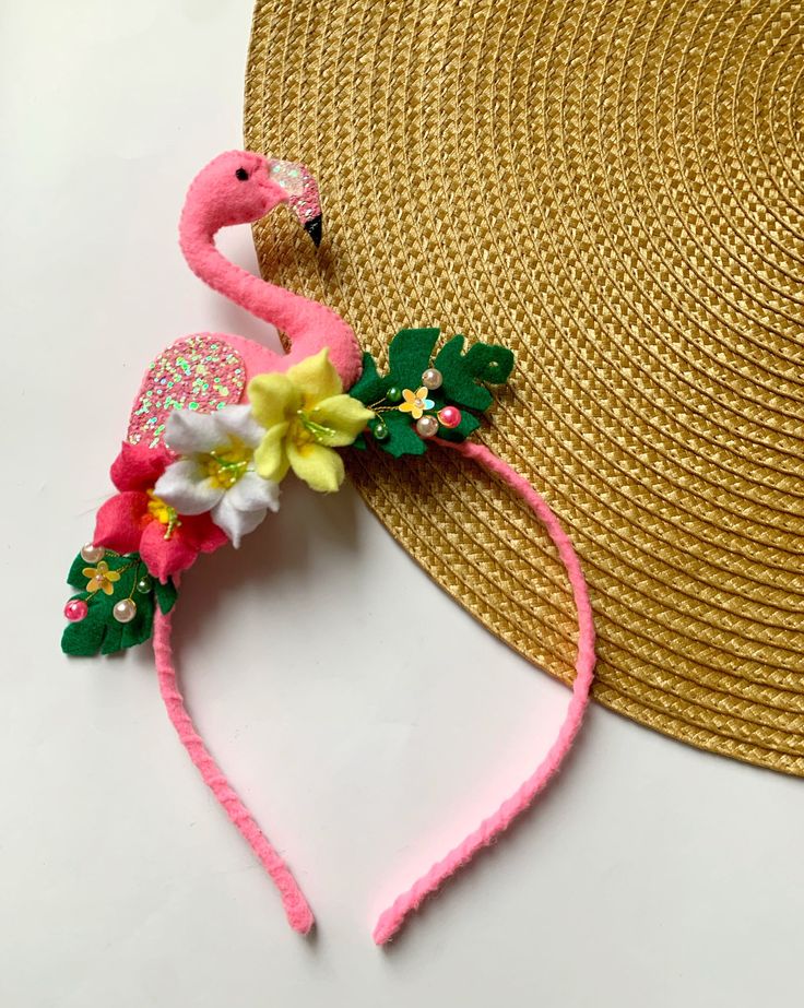 Pink flamingo headband Pink Beach Headband, Pink Headband For Beach, Pink Beach Headband Hair Accessory, Pink Hair Accessories For Beach In Spring, Pink Spring Hair Accessories For Beach, Pink Hair Accessories For Spring Beach, Whimsical Pink Headband For Birthday, Whimsical Multicolor Headband For Summer, Playful Pink Party Headband