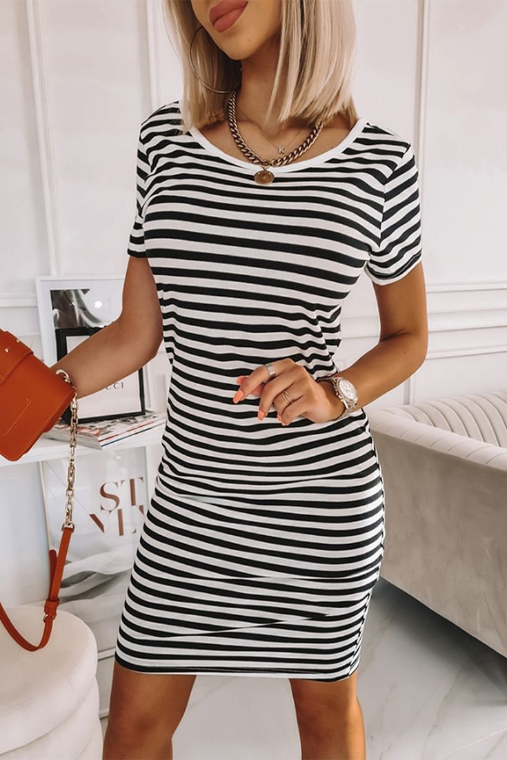 Striped Short Sleeve Midi T Shirt Dress Chic Fitted T-shirt Dress For Spring, Chic Striped Short Sleeve Mini Dress, Chic Striped Mini Dress With Short Sleeves, Casual Stretch T-shirt Dress For Summer, Trendy Striped Spring Bodycon Dress, Trendy Striped Bodycon Dress For Spring, Stretch Crew Neck Bodycon Dress Casual, Casual Stretch Bodycon Dress With Crew Neck, Fitted Mini Length T-shirt Dress For Summer