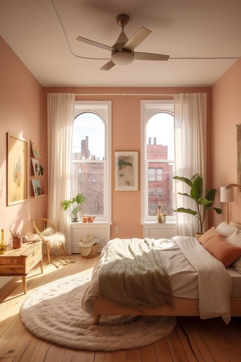 a bedroom with pink walls and wooden floors