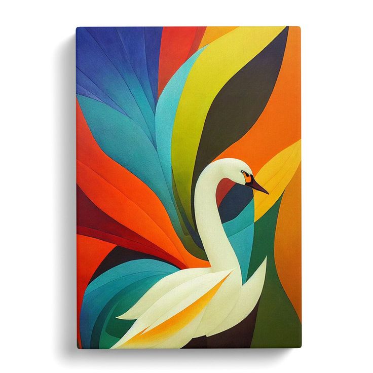 a painting of a white swan with multicolored feathers on it's back