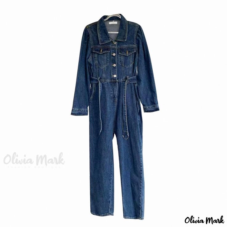 Olivia Mark - Stylish High-Waisted Denim Jumpsuit with Wide-Leg Workwear Pants High Rise Denim Blue Utility Jumpsuit, High Rise Denim Jumpsuit With Pockets In Utility Style, Casual Workwear Overalls With Belt Loops, Utility High-rise Denim Jumpsuits And Rompers, High Rise Denim Utility Jumpsuits And Rompers, Utility High Rise Denim Jumpsuits And Rompers, Utility Denim Jumpsuit With Pockets For Work, Fitted High-waist Denim Utility Jumpsuit, Fitted High Waist Denim Jumpsuit In Utility Style