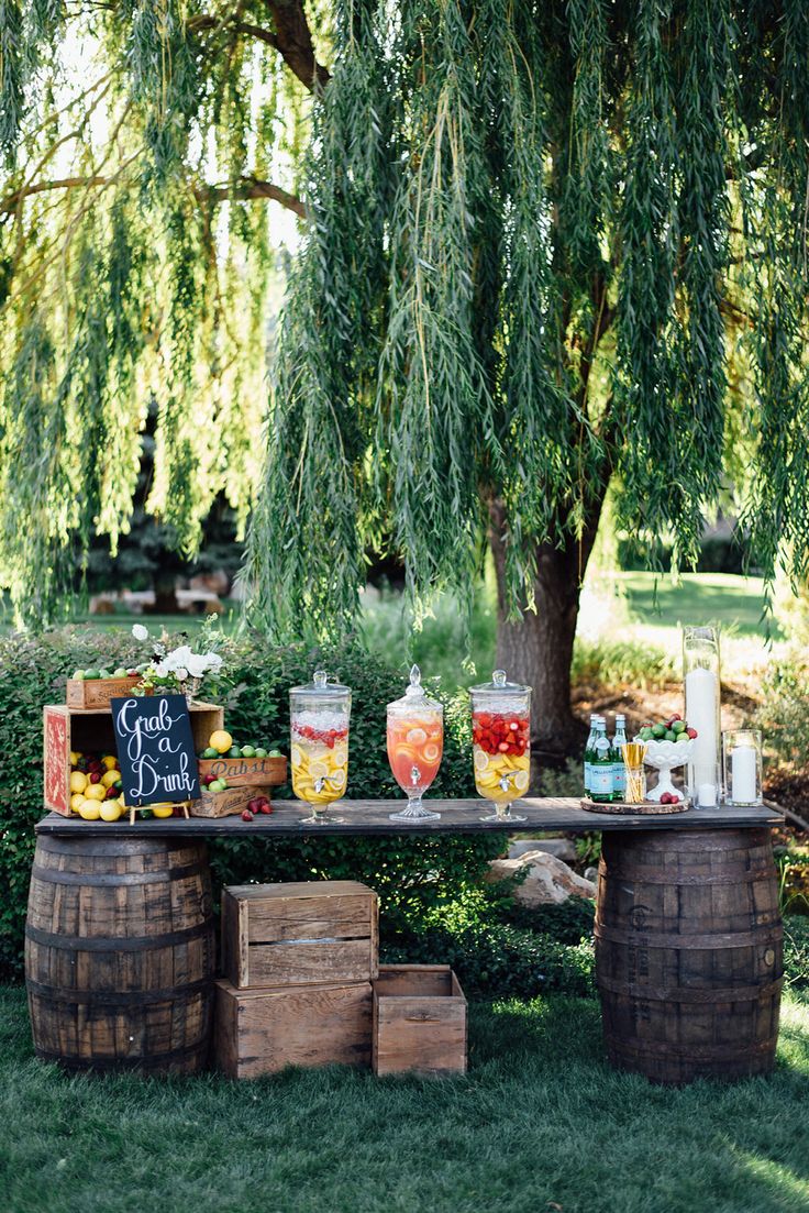 a picnic table with drinks and snacks on it in front of a large willow tree