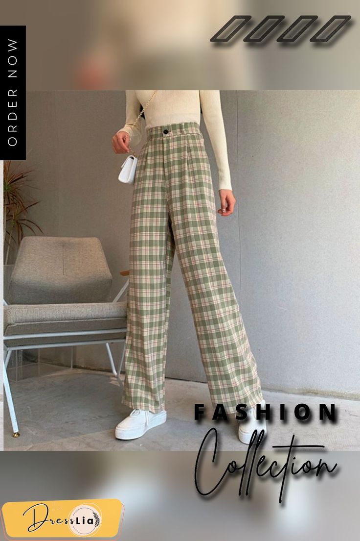 Simple Vintage Plaid Causal Long Women Pants Street Fashion Straight Wide Leg Pant Casual Plaid Pants For Spring, Plaid Baggy Wide Leg Bottoms, Fall High Waist Khaki Wide Leg Pants, Baggy Plaid Wide Leg Bottoms, Casual High Waist Pants For Fall, Casual Green High Waist Wide Leg Pants, Baggy Plaid Wide Leg Pants, Casual High-waist Pants For Fall, High Waist Khaki Wide Leg Pants For Fall