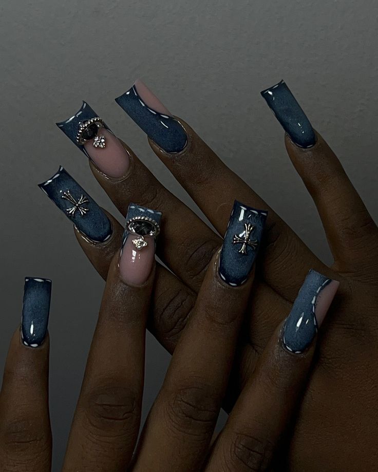 DENIM STYLE 💅🏾💅🏾 #nailsnailsnails #denimnails #ducknails #nailcreative #nailsaloninogba #denimnailinspo #ogbanails #explore #nailinspo Denim Nails, Wave Nails, Blue Coffin Nails, Long Square Nails, Duck Nails, Square Nail Designs, Cute Acrylic Nail Designs, Long Square Acrylic Nails, Square Acrylic Nails