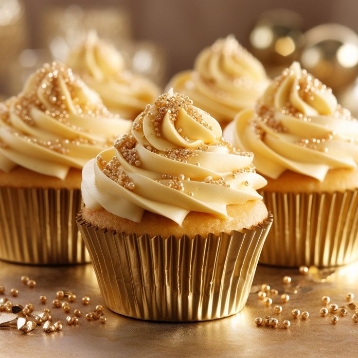 three cupcakes with white frosting and gold sprinkles on a table