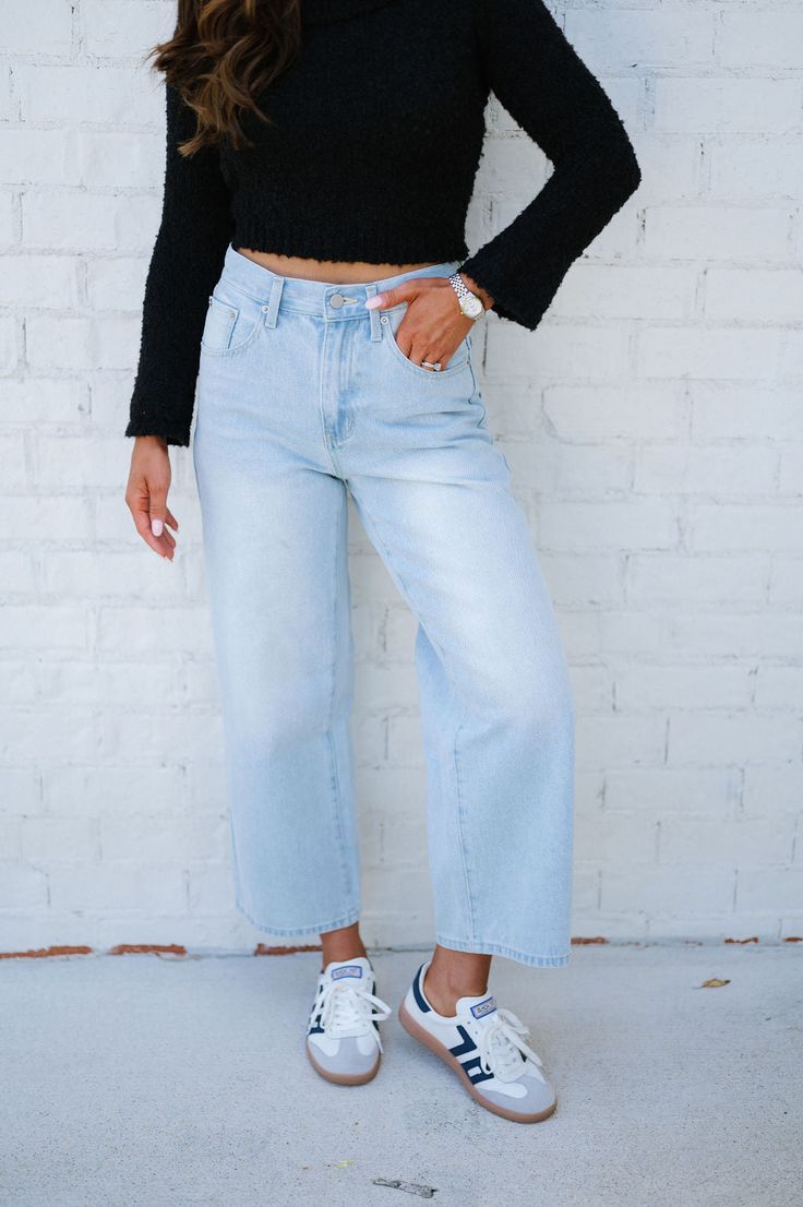 Ice denim pants Adjustable high waistline Button fly closure Cropped bottom Relaxed fit 92% Cotton, 8% Polyester Model is 5'4" with a 25" waist and 38" hips wearing a size small. Size recs: S 2-4 M 6 L 8-10 25" inseam Cropped Denim Blue Pants With Five Pockets, Cropped Denim Jeans With Five Pockets, Medium Wash Cropped Jeans With Five Pockets, Dark Wash Cropped Pants With Five Pockets, Casual Mid-rise Flare Jeans With Belt Loops, Casual High Rise Jeans With Button Closure, Casual Wide Leg Jeans With Button Closure, Trendy High-waisted Jeans For Everyday, Light Wash Cropped Denim Jeans