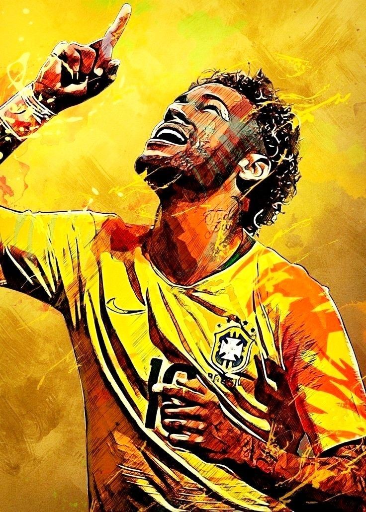 a painting of a soccer player with his finger in the air