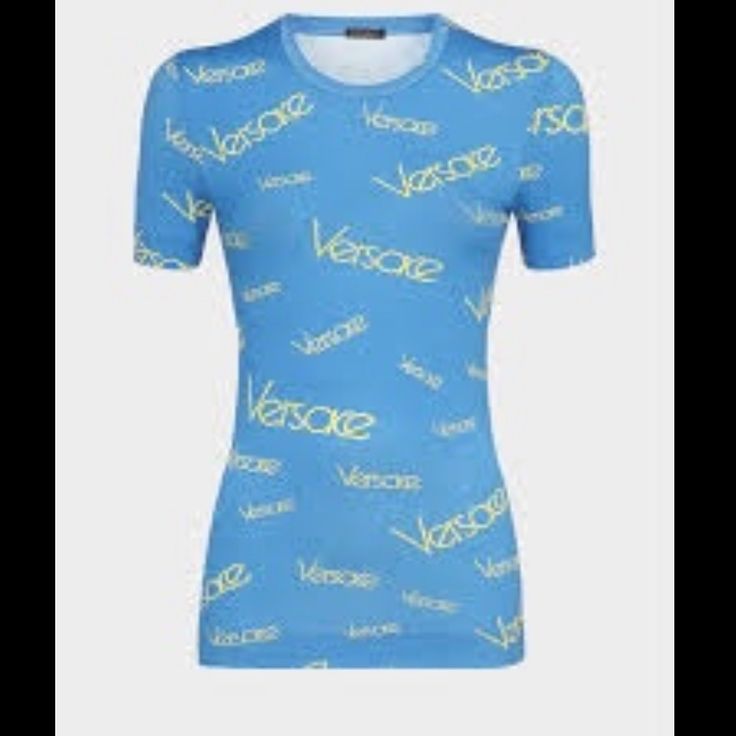 Versace Logomania T Shirt, Never Worn, Bought For A Party With A Blue/Yellow Theme But Didn’t Feel Like It Really Matched Rrp $395 Pre-Tax Size 44/Us 10 New With Tags Please Message Any Questions! Blue Fitted Printed T-shirt, Designer Short Sleeve Top With All Over Print, Fitted Blue Printed T-shirt, Designer Tops With All Over Print And Short Sleeves, Fitted Blue Tops With Logo Print, Designer Printed Blue Tops, Designer Blue Printed Tops, Designer Yellow Summer Tops, Designer Blue Tops For Spring