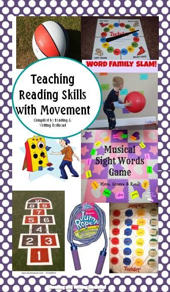 the words teaching reading skills with movement are shown in purple and white polka dot paper