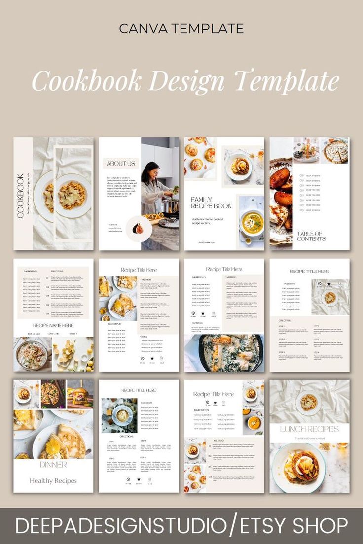 the cookbook design template is shown in this image, it has many different images and text