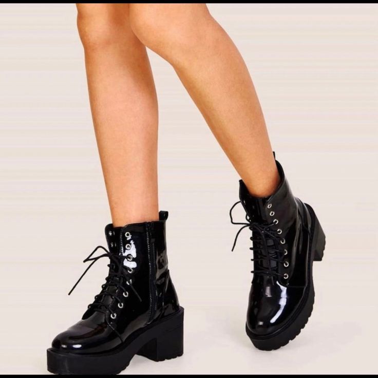 Combat Boots Closure Type: Lace-Up Boots Height Type: Ankle Boots Color: Black Pattern Type: Plain Heel Height: Mid Heel Toe: Round Toe Heels: Chunky Trendy Black High Ankle Martin Boots, Trendy Black Ankle Martin Boots, Trendy Black Martin Boots With Chunky Platform, Trendy Black Martin Boots For Party, Casual Platform Martin Boots For Party, Trendy Black High Heel Martin Boots, Trendy High Ankle Combat Boots For Party, Casual Platform Ankle Boots For Party, Casual Ankle Platform Boots For Party