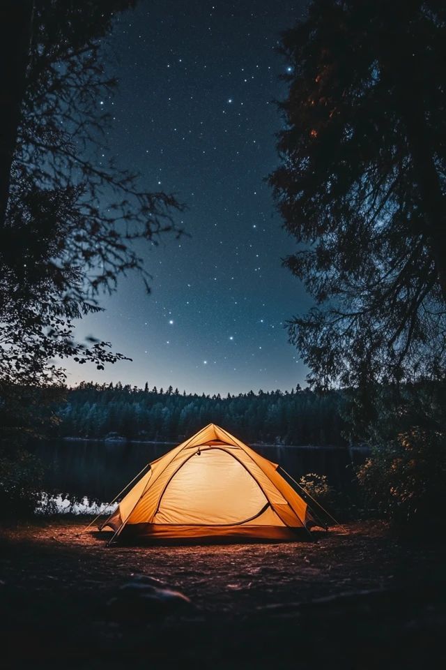 a tent is lit up at night by the water's edge with stars in the sky