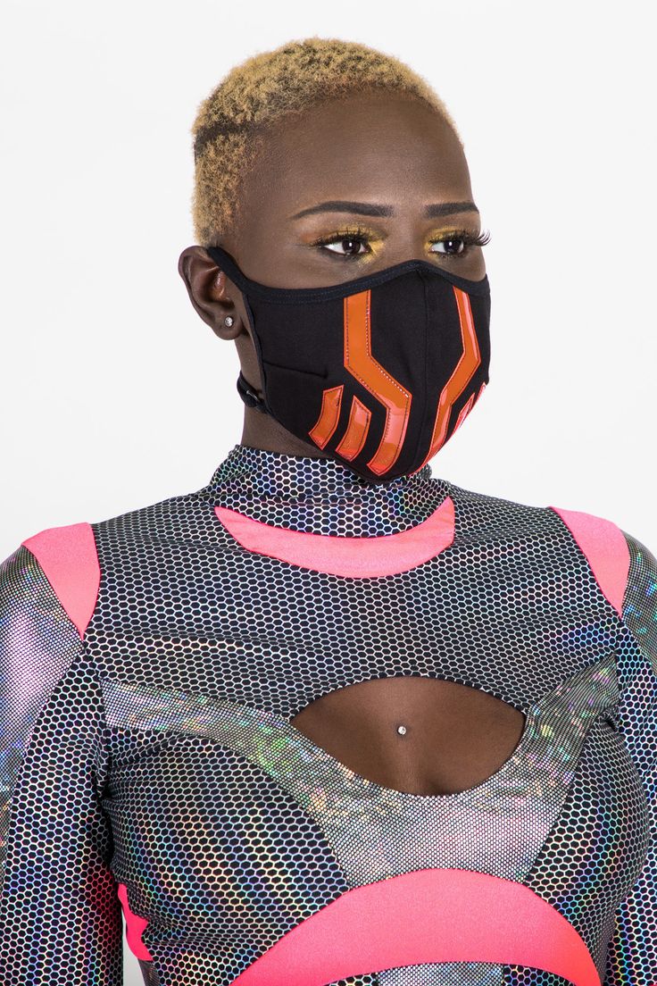 "Handmade unisex face mask made from black twill with ergonomic UV pink PVC panels stitched on top. Washable and reusable, and double layered with a full cotton lining layer and adjustable criss cross straps in the back! The perfect personal face covering accessory for any cybergoth, fashion, futuristic, ninja, streetwear, robot, synthwave, cyberpunk, space age, Halloween, cyber goth, or festival wardrobe! HEAD SIZES: SMALL: 21.5\" - Fits approx small to medium size females, small males MEDIUM: Ninja Streetwear, Ninja Robot, Goth Streetwear, Black Face Mask, Stage Costume, Futuristic Fashion, Work Looks, Burning Man, Black Fabric