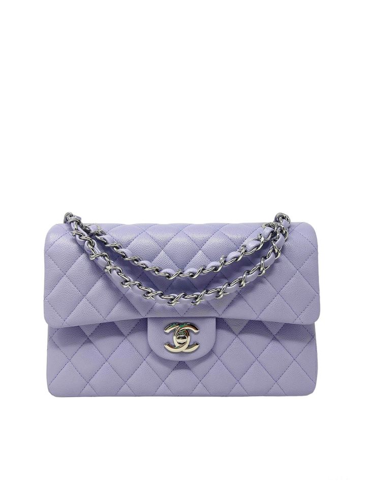 New arrival! Absolutely rare bag. 21 K dream colour handbags are sold out quickly once they are in retail. However, if you missed out on either last year's purple or this spring's lilac, this color may suit your fancy. Light purple colour is a bit more lavender than lilac. It's called “light purple". We present a Classic Chanel Small Flap Bag in light purple shiny grained calfskin (caviar) leather with shiny silver hardware. The bag is in excellent condition. Comes with a full set: box, dustbag, microchip. Year 2021 Measurements: 23 x 13 x 6,5 cm Luxury Purses Chanel, Purple Chanel, Chanel Classic Jumbo, Dream Bag, Fancy Light, Classic Chanel, Purple Colour, Luxury Purses, Chanel Fashion