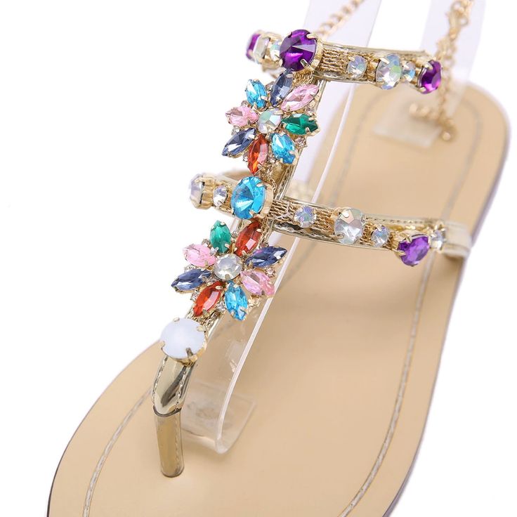 FREE SHIPPING Women Rhinestones Chains Gladiator Flat Sandals JKP1615 Multicolor Rhinestone Beach Sandals, Multicolor Rhinestone Sandals For Spring, Summer Jeweled Open Toe Sandals, Multicolor Rhinestone Sandals For Summer, Summer Multicolor Sandals With Rhinestones, Flat Sandals With Rhinestones For Spring, Spring Flat Sandals With Rhinestones, Trendy Crystal Embellished Sandals For Summer, Gladiator Flats