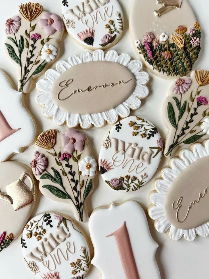 some decorated cookies with flowers and words on them