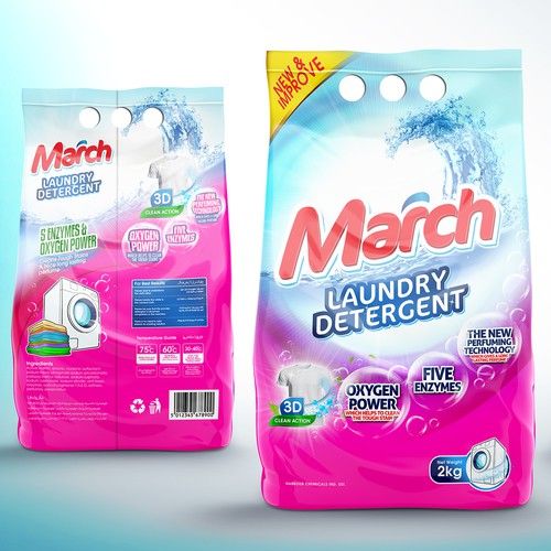 two bags of march laundry detergent on a blue and pink background with the same product