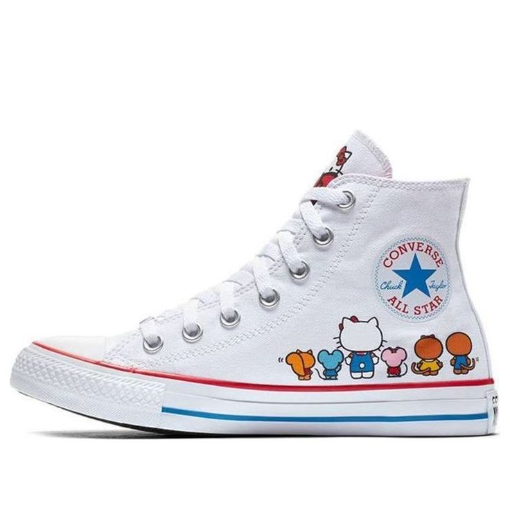 These limited-edition Hello Kitty Chuck Taylors are the perfect way to show your love for everyone’s favorite Japanese cartoon character. These shoes feature bright colors and playful designs, with Hello Kitty herself appearing on the tongue and insole branding. The phrase ‘Say hello to me when you see me’ is also printed on the midsole, adding an extra touch of whimsy. Sanrio Clothes, Japanese Cartoon Characters, Hello Kitty Shoes, White Canvas Shoes, Hello Kitty Clothes, Trendy Shoes Sneakers, All Stars Converse, Hello Kitty Items, Japanese Cartoon