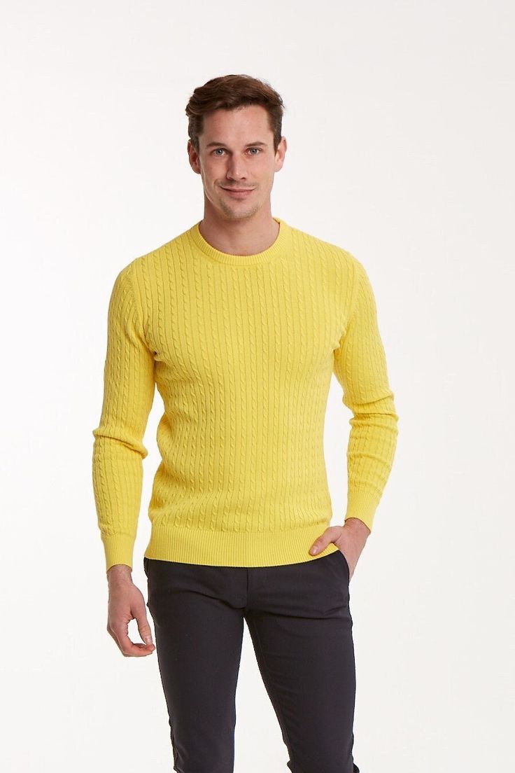 Cable Knit Sweater is one of the patterns that can not get old for years.  We offer you different color options for cable knit sweater.  KNIT SWEATER MEN is an option that will go well with your casual outfits. Vintage Sweaters you can use with jeans. Made in Turkey. Product Code: 70443 Product Blend: %100 Cotton Product Fabric: Cotton Product Color: Yellow, Dark Blue, Green, Sax, Pink, Ecru Product Detail: Round Neck Knitwear Model Size: Height: 188 cm, Chest:95 cm, Waist:82 cm Product Size in Knit Crew Sweater With Ribbed Cuffs, Classic Cable Knit Crew Neck Sweater, Classic Crew Neck Knit Sweater, Classic Knit Sweater With Crew Neck, Yellow Wool Winter Sweater, Casual Yellow Wool Sweater, Cable Knit Long Sleeve Polo Sweater, Winter Knit Crew Sweatshirt, Long Sleeve Cable Knit Polo Sweater