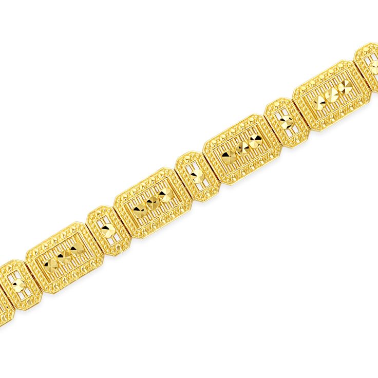 "14k solid gold filigree bracelet. measures over 1/4\" wide by 7.75\". diamond cut finish." Gold Bracelet With Decorative Band As Gift, Gold Bracelets With Decorative Band As Gift, Elegant Engraved Jewelry With Rectangular Links, Elegant Yellow Gold Bracelet With Decorative Band, Formal Engraved Jewelry With Rectangular Links, Formal Yellow Gold Bracelet With Decorative Band, Elegant 14k Gold Bracelets With Decorative Band, Elegant Yellow Gold Bracelets With Decorative Band, Rectangular Diamond Cut Wedding Bracelets