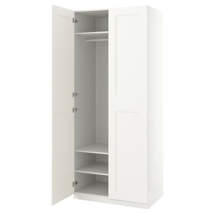 an open white cabinet with shelves and doors on the front, isolated against a white background