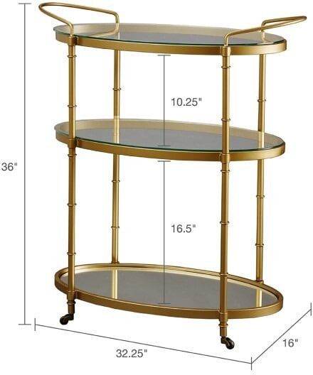 an image of a three tiered shelf with glass shelves on wheels and measurements for the height