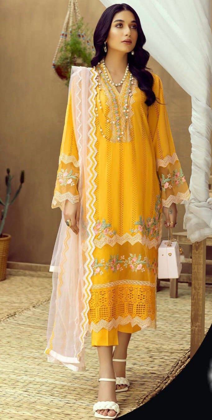 *Brand Name* *ADAN LIBES LAWN COLLECTION 2023* NEW CATLOG IN 2023 Most hit design *lawn fully heavy embroidered scifflie front with heavy embroidered centre bunches with 2 type heavy embroidered scifflie and muti colour daman boarder with heavy embroidered neckline lace with embroidered chak lace* *plain lawn back with heavy embroidered back daman boarder* *lawn fully heavy embroidered scifflie sleeves with fully heavy embroidered sleeves boarder* *net fully heavy embroidered dupta with 2 side pallou lace attach* *dyed cambric trouser Yellow Semi-stitched Dress With Intricate Embroidery, Anarkali Dress With Intricate Embroidery In Cambric, Eid Cambric Lawn Suit With Intricate Embroidery, Semi-stitched Embroidered Lawn Suit, Georgette Dress With Multicolor Embroidery And Dabka Work, Cambric Dress With Intricate Embroidery For Festive Season, Yellow Embroidered Straight Kurta Dress, Yellow Dresses With Intricate Embroidery, Yellow Anarkali Lawn Suit With Intricate Embroidery