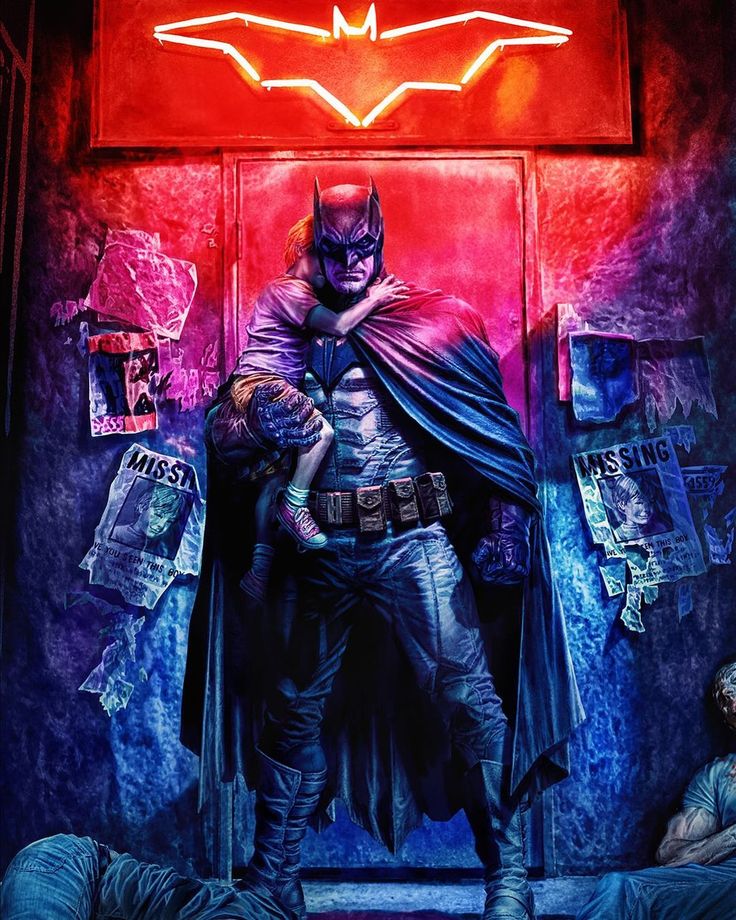 the batman movie poster is being displayed in front of a red wall with posters on it