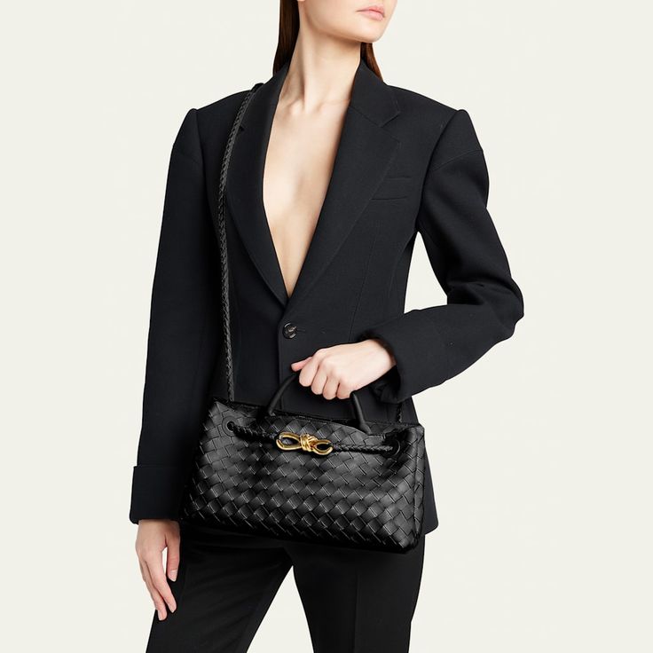 Bottega Veneta "Andiamo" top handle bag in  intreccio  lambskin leather  Rolled top handle, 3.0" drop Shoulder strap Can be worn as a top handle or shoulder bag  Open top with magnetic closure; metal knot center strap  Approx. 7.0"H x 11.4"W x 3.9"D Made in Italy Luxury Box Bag With Double Handle, Luxury Box Shoulder Bag With Handles, Luxury Tote Box Bag With Detachable Strap, Luxury Shoulder Box Bag With Detachable Handle, Designer Formal Bag With Detachable Handle, Luxury Shoulder Bag With Top Carry Handle For Shopping, Luxury Box Shoulder Bag With Detachable Handle, Designer Top Handle Bags For Formal Occasions, Luxury Tote Box Bag With Removable Pouch