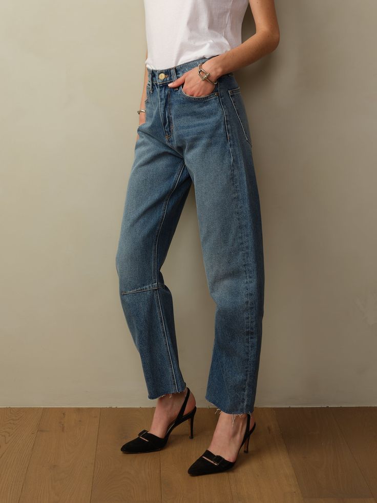 Fit: Model is wearing size 2. Mid-rise, Horseshoe leg, cropped at the ankle. Fit is true to your jean size. Material: 12oz Japanese Denim. 100% BCI Cotton. Eco Brass Buttons. Eco-Wash, using 70% less water. Care: Machine wash cold with like color. Tumble dry low. Do not bleach. Cool ironing. Origin: Made in Los Angeles, CA. Brass Buttons, Japanese Denim, Denim Trousers, Be True To Yourself, Denim Pant, Denim Jean, Denim Jeans, Mid Rise, Berlin