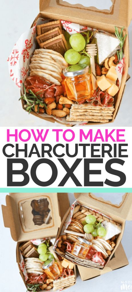 an open box filled with different types of food and the words how to make charcuterie boxes