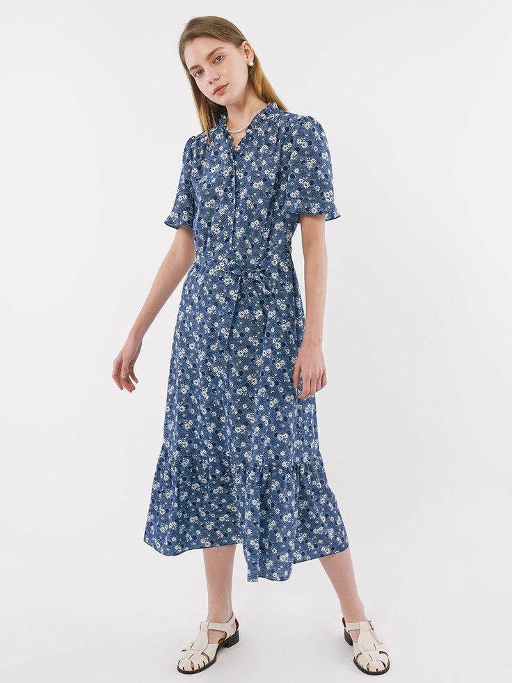 Editor's NoteThis is a long dress with a gentle flower print that gives a feminine feel. A slim fit and flared skirt creates a feminine silhouette.- Ruffles on the neck and sleeves- Can be opened and closed with a zipper on the back- There is a string to tie a ribbon on the side of the waist- Available in 2 colors: Blue, RedMeasurements (in.)55 / 66- Length: 46.85 in. / 47.64 in.- Shoulder: 14.17 in. / 14.57 in.- Bust: 38.98 in. / 40.94 in.- Waist circumference: 28.35 in. / 30.31 in.- Sleeve: 10.63 in. / 10.63 in.Composition & Care- 100% Polyester- Please check the care labelDesigner- by OLIVE DES OLIVE Fitted Floral Maxi Dress With Ruffle Hem, Ditsy Floral Print Midi Dress For Daywear, Elegant Ditsy Floral Print Casual Dress, Fitted Midi Floral Dress With Ditsy Print, Fitted Midi Length Floral Dress With Ditsy Print, Fitted Midi-length Ditsy Floral Print Dress, Fitted Mid-length Ditsy Floral Print Dress, Fitted Mid-length Ditsy Floral Dress, Elegant Ditsy Floral Print Dress For Casual Wear