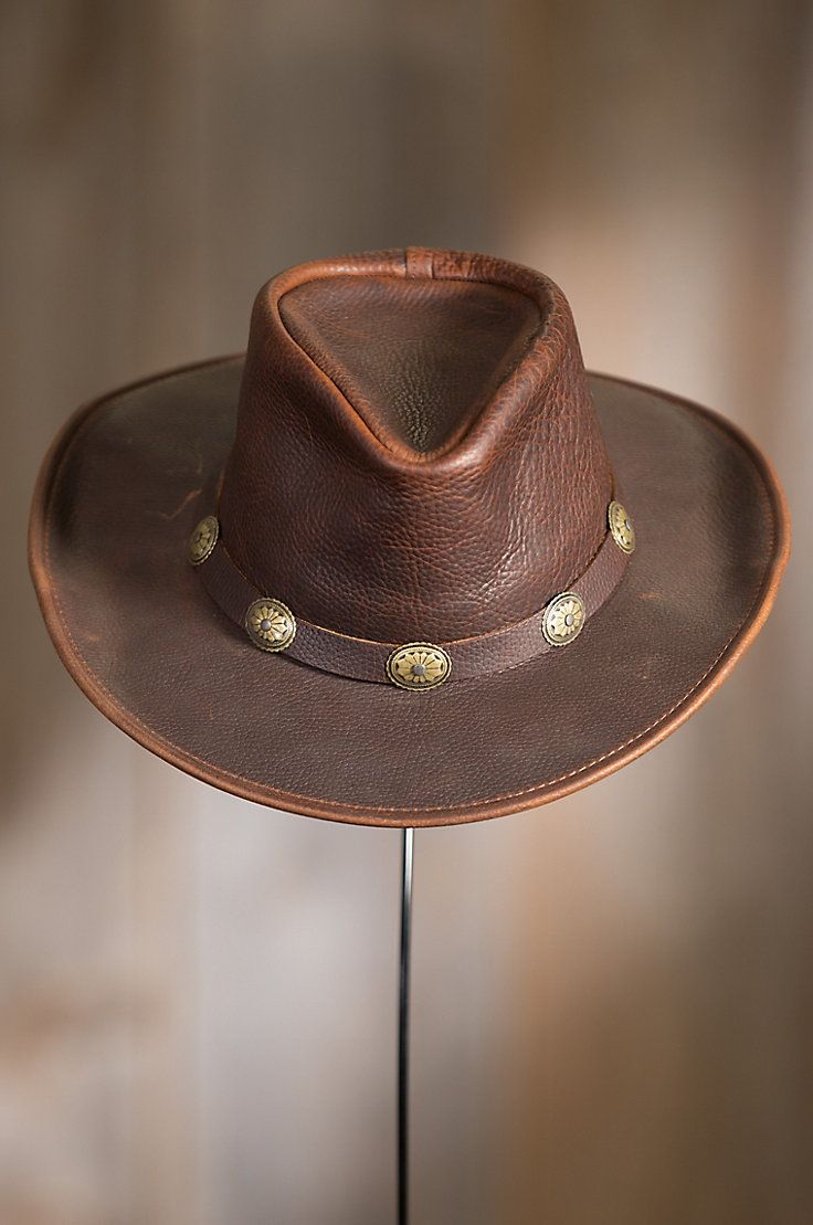 Image Adjustable Leather Fedora With Short Brim, Brown Leather Fedora Hat, Rustic Leather Fedora For Rodeo, Leather Fedora Hats For Rodeo, Brown Leather Brimmed Fedora, Rugged Leather Wide Brim Fedora, Rugged Leather Wide-brim Fedora, Rustic Leather Fedora For Western-themed Events, Brown Leather Fedora For Rodeo