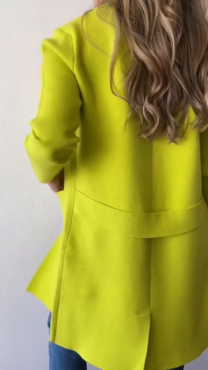 SPU: YSHMY240730388 Style: casual Color:Fluorescent green Season: autumn Neckline:Lapel  Sleeve Length: long sleeve Material: Cotton Size: S/M/L/XL/2XL/3XL/4XL/5XL Size Chart： Length Sleeve Length Bust CM inch CM inch CM inch S 97 38.2  60 24.0  102 40.2  M 98 38.6  61 24.4  107 42.1  L 99 39.0  62 24.4  112 44.1  XL 100 39.4  63 24.8  117 46.1  2XL 101 39.8  64 25.2  122 48.0  3XL 102 40.2  65 25.6  127 50.0  4XL 103 40.6  66 26.0  132 52.0  5XL 104 40.9  67 26.4  137 53.9  This data was obtain Green Long Sleeve Cardigan, Green Long Sleeve Trendy Cardigan, Trendy Green Long Sleeve Cardigan, Green Fitted Long Sleeve Cardigan, Trendy Green Winter Blazer, Winter V-neck Blazer With Pockets, V-neck Outerwear With Pockets For Spring, Trendy Outerwear With Pockets And V-neck, Plain Long Sleeve Fall Outerwear