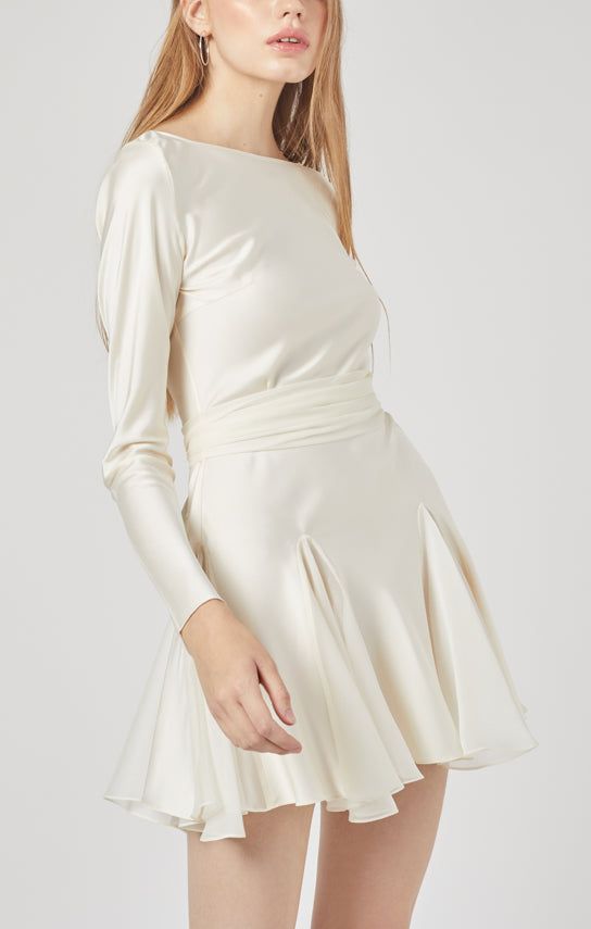 Godet Mini Dress, Dress With Godets, Godet Skirt Outfit, Spring Pre-draped Fitted Silk Dress, Chic A-line Satin Dress For Formal Occasions, Silk A-line Midi Dress For Dinner, Fitted Silk Satin Pre-draped Dress, Pre-draped A-line Fitted Dress, Pre-draped Pleated Silk Dress