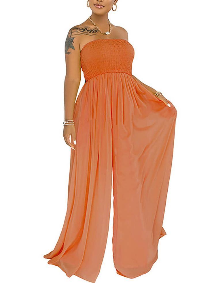 Material: This sexy off-shoulder one-piece wide-leg jumpsuit is made of 91%-99%polyester. a material that is soft. stretchy. breathable jumpsuits.Feature:Off shoulder. sleeveless. solid color. ruched design. high waist. sexy strapless and tube jumpsuit. dressy jumpsuits for women. one-piece elegant jumpsuits. Dressy Jumpsuits, Tube Top Jumpsuit, Wide Leg Jumpsuits, Chiffon Jumpsuit, Tube Jumpsuit, Ruched Maxi Dress, High Waist Wide Leg Pants, Jumpsuit Dressy, Jumpsuit Elegant