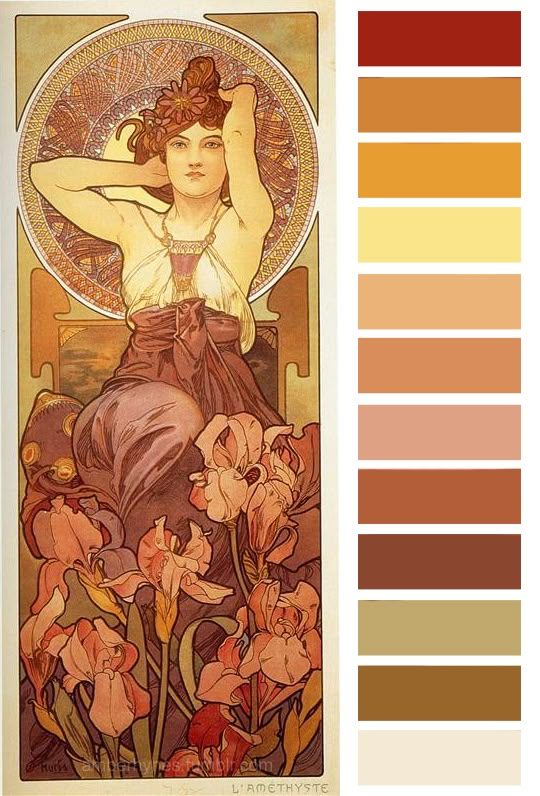 an art nouveau poster with flowers and a woman's face in the center, surrounded by color swatches