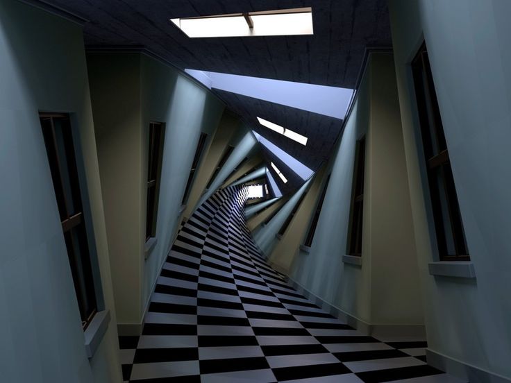 an image of a hallway that looks like it is going down the hill with black and white checkered walls