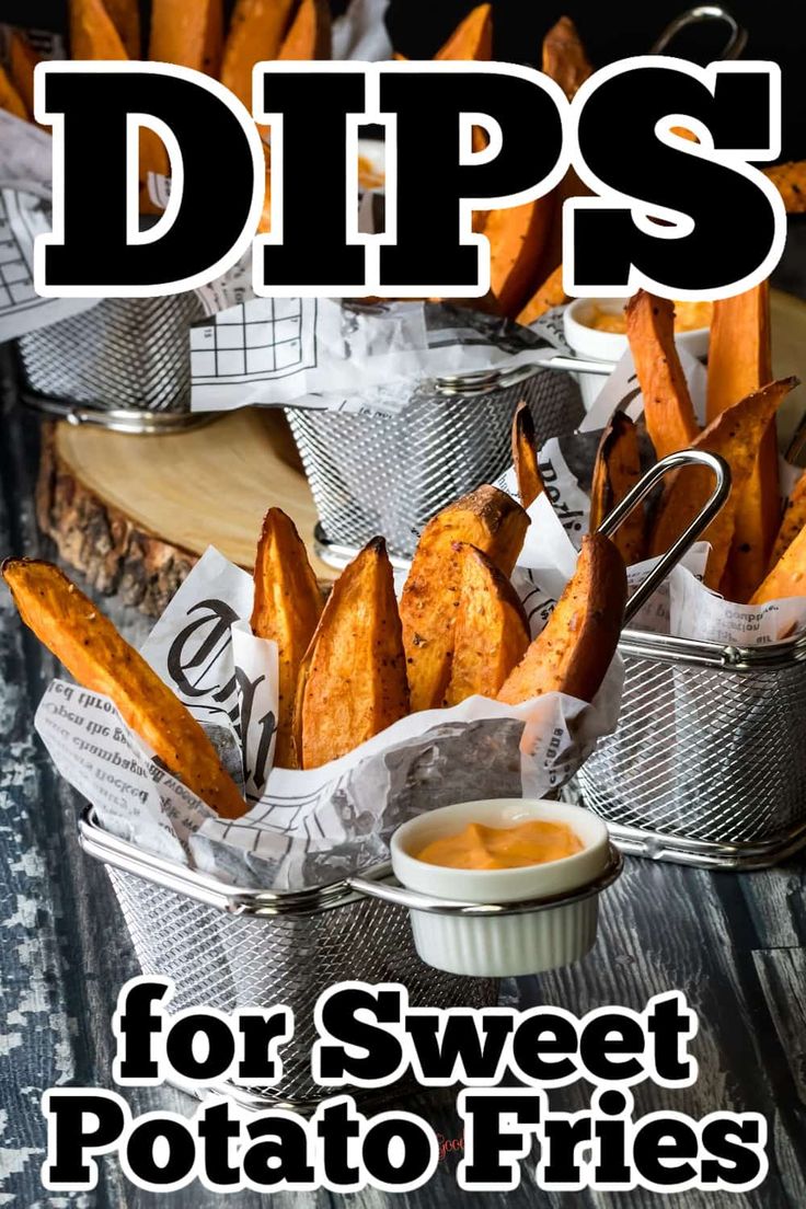 the cover of dips for sweet potato fries is shown in black and white letters