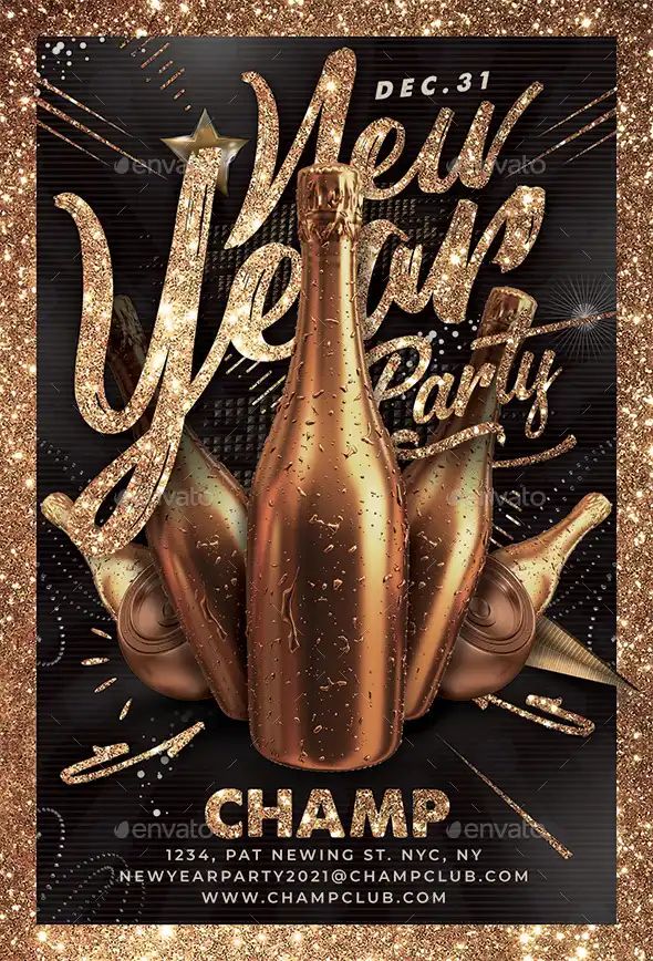 a new year party flyer with gold glitters and champagne bottles on the front, black background