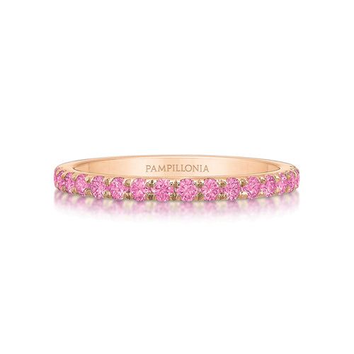 Lennon Pink Sapphire Band Luxury Pink Sapphire Ring With Prong Setting, Pink Diamond Half Eternity Band, Pink Half Eternity Diamond Band, Pink Eternity Band With Prong Setting, Pink Half Eternity Diamond Ring, Classic Pink Half Eternity Jewelry, Elegant Pink Sapphire Round Band Ring, Pink Eternity Band With Prong Setting As Promise Ring, Pink Round Cut Eternity Band For Promise Ring