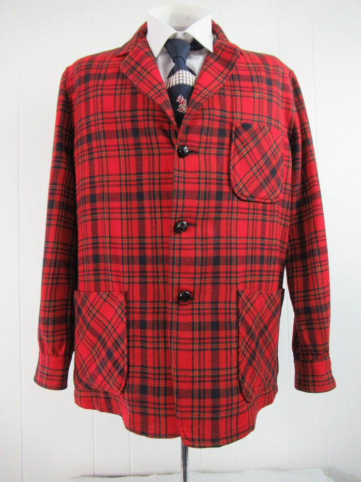 "Vintage 1970s Pendleton jacket. Made of red plaid wool. Has three pockets and a three button front. Made by Pendleton. Size medium. Actual measurements are: 46\" at the chest 44\" at the waist 19\" shoulder seam to shoulder seam 25\" shoulder seam to cuff 31\" overall length In very good condition except for a 1/8\" on left arm(photo)." Fitted Plaid Outerwear With Patch Pockets, Plaid Wool Button-up Outerwear, Classic Plaid Outerwear With Pockets, Plaid Outerwear With Notch Lapel And Buttons, Plaid Notch Lapel Outerwear With Buttons, Plaid Blazer With Patch Pockets For Fall, Fall Plaid Blazer With Patch Pockets, Winter Plaid Sport Coat With Welt Pockets, Classic Red Long Sleeve Tweed Jacket