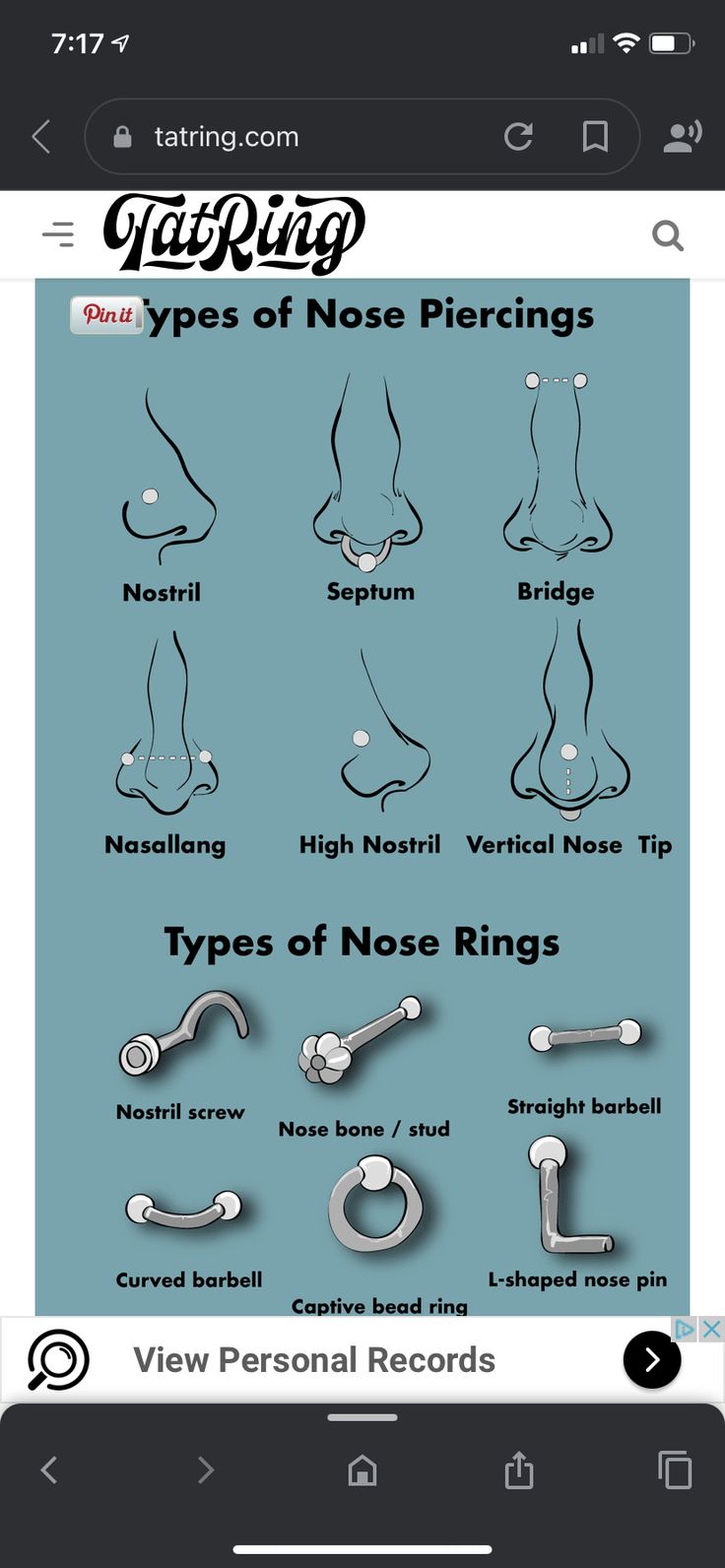 an iphone screen showing different types of nose piercings and their corresponding names on it