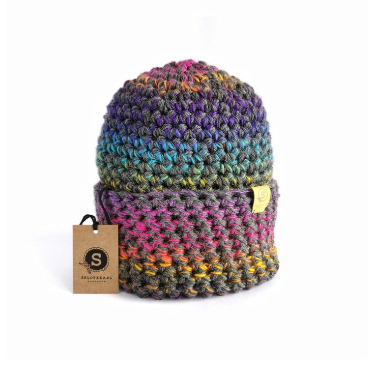 Rainbow slouchy hat, Rainbow beanie, Slouchy beanie, Crochet hand knit hat, Winter pride hat, Hiking hat, CRAZYCOLOR SPLOTEKA 💛100% Handmade 💛Color: rainbow 💛Materials: 75% wool, 25% acrylic 💛DIMENSIONS approximately: length 33 cm/13 ", width  fits a head circumference of 55-58 cm/ 21,7 "- 23,2 " 💛CARE recommendations: Only hand wash, dry on flat. 💛Unisex model This rainbow ombre hat is great for cooler weather.  It's made with wool/acryl yarn in rainbow colors on gray.  The hat is a long Adjustable Multicolor Crochet Hat For Outdoor, Handmade Multicolor Slouchy Hat, Multicolor Handmade Slouchy Hats, Multicolor Beanie For Outdoor, Cozy Adjustable Crochet Cap, Multicolor Crochet Beanie Hat, Multicolor One Size Beanie For Outdoor, Multicolor One-size Beanie For Outdoor, Adjustable Acrylic Yarn Beanie