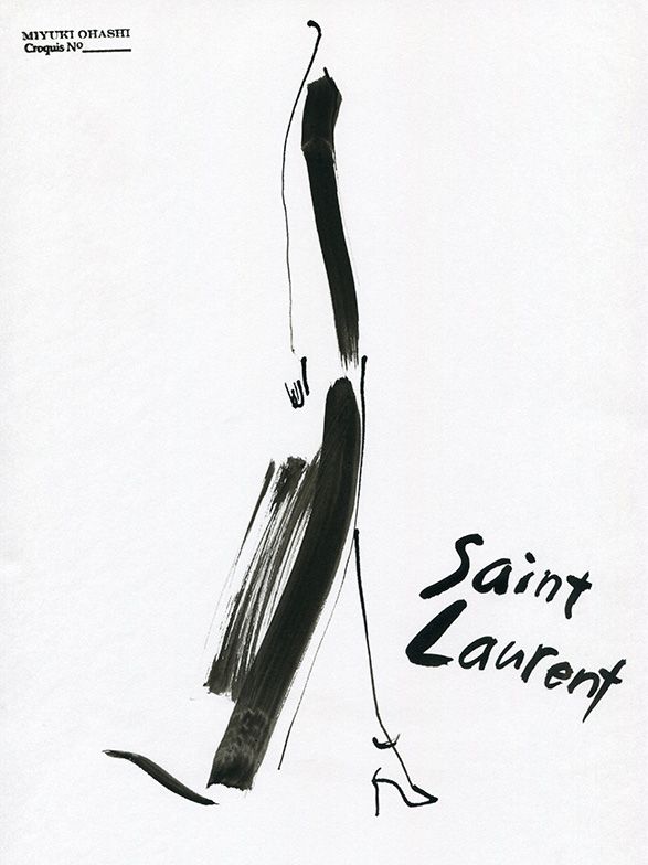 a black and white drawing of a woman in high heeled shoes with the word saint laurent on it