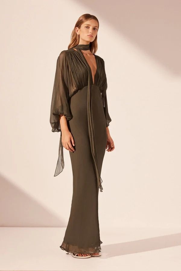 ODEN PLUNGE BALLOON SLEEVE MAXI DRESS | OLIVE | DRESSES | SHONA JOY – Shona Joy International Olive Dresses, Olive Dress, Shona Joy, Sheer Chiffon, Maxi Dress With Sleeves, Invisible Zipper, Perfect Fit, Balloons, Chiffon