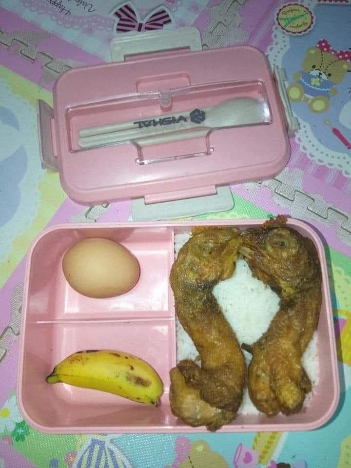 a pink lunch box with chicken wings, rice and an egg in the shape of a ring